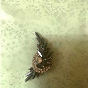 Vintage, Unique Gray  and Clear Rhinestone Curved Feather Style Brooch